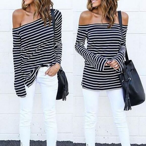 Vintage Tops - 🍑Black & White Striped Off Shoulder Bell Sleeve Top XLarge